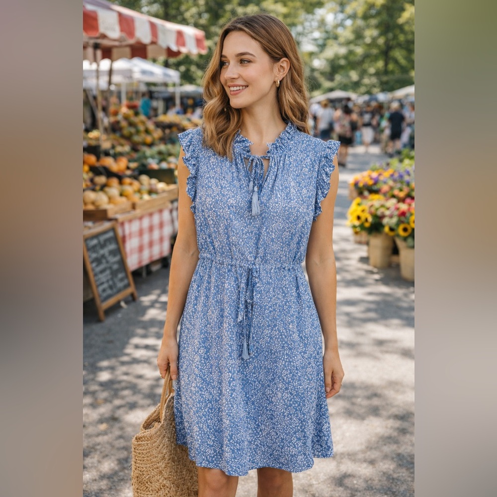 Rungolee Blue Floral Ruffle Flutter Sleeve  Dress